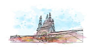 Print Building view with landmark of Dimapur, Hindistan 'da bir şehirdir. Vektörde elle çizilmiş resim ile suluboya sıçraması.