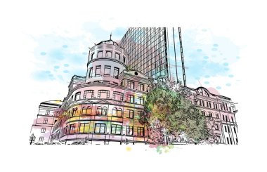 Donetsk 'in simgesi olan Print Building View Ukrayna' da yer almaktadır. Vektör içinde elle çizilmiş çizim eşkali ile suluboya sıçraması.