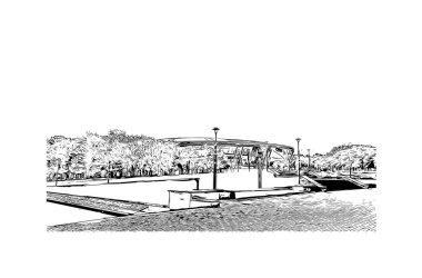 Donetsk 'in simgesi olan Print Building View Ukrayna' da yer almaktadır. Vektörde elle çizilmiş çizim çizimi.