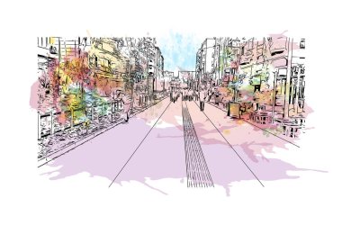 Diyarbakır 'ın tarihi yapısına sahip Print Building view Türkiye' nin kentidir. Vektör içinde elle çizilmiş çizim eşkali ile suluboya sıçraması.