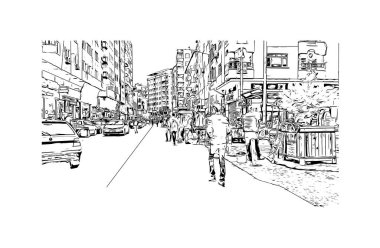 Diyarbakır 'ın tarihi yapısına sahip Print Building view Türkiye' nin kentidir. Vektörde elle çizilmiş çizim çizimi.