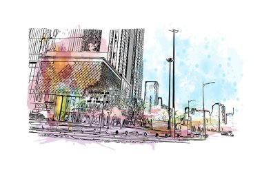 Dongguan 'ın simgesi olan Print Building Manzarası Çin' de bir şehirdir. Vektör içinde elle çizilmiş çizim eşkali ile suluboya sıçraması.