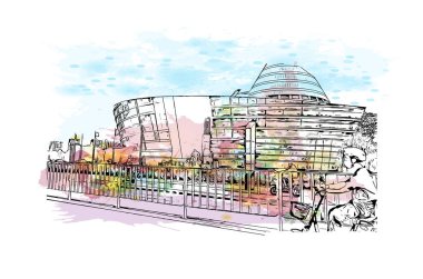 Dongguan 'ın simgesi olan Print Building Manzarası Çin' de bir şehirdir. Vektör içinde elle çizilmiş çizim eşkali ile suluboya sıçraması.