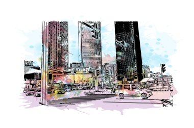 Dongguan 'ın simgesi olan Print Building Manzarası Çin' de bir şehirdir. Vektör içinde elle çizilmiş çizim eşkali ile suluboya sıçraması.