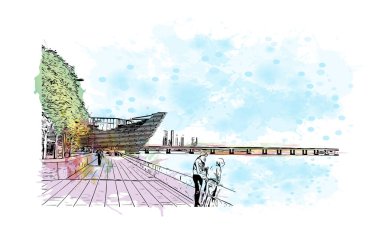 Print Building view, İskoçya 'nın doğusundaki Tay haliçinin Firth of Tay şehrinde yer alan bir sahil kentidir. Vektör içinde elle çizilmiş çizim eşkali ile suluboya sıçraması.