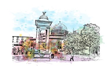 Print Building view, İskoçya 'nın doğusundaki Tay haliçinin Firth of Tay şehrinde yer alan bir sahil kentidir. Vektör içinde elle çizilmiş çizim eşkali ile suluboya sıçraması.