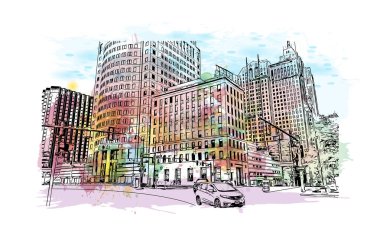 Print Building view with landmark of Detroit, Michigan eyaletinin en büyük şehridir. Vektör içinde elle çizilmiş çizim eşkali ile suluboya sıçraması.