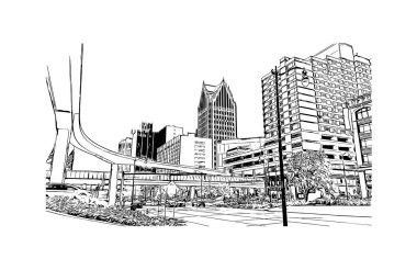 Print Building view with landmark of Detroit, Michigan eyaletinin en büyük şehridir. Vektörde elle çizilmiş çizim çizimi.