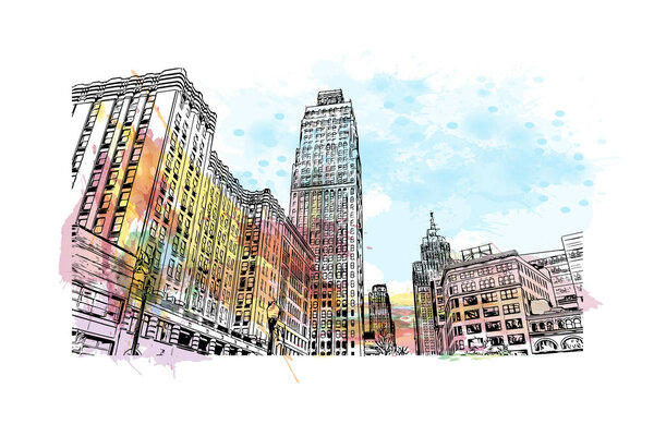 Print Вид на здание с достопримечательностью Детройта - крупнейший город в штате Мичиган на Среднем Западе. Всплеск акварели с рисунком вручную по вектору.