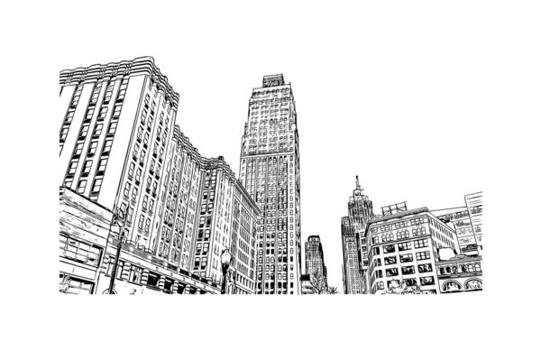 Print Вид на здание с достопримечательностью Детройта - крупнейший город в штате Мичиган на Среднем Западе. Ручной рисунок в векторе.