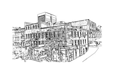 Print Building view with landmark of Detroit, Michigan eyaletinin en büyük şehridir. Vektörde elle çizilmiş çizim çizimi.