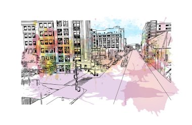 Print Building view with landmark of Detroit, Michigan eyaletinin en büyük şehridir. Vektör içinde elle çizilmiş çizim eşkali ile suluboya sıçraması.