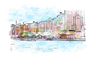 Print Building view with landmark of Doha, Katar 'ın başkenti ve en kalabalık şehridir. Vektör içinde elle çizilmiş çizim eşkali ile suluboya sıçraması.