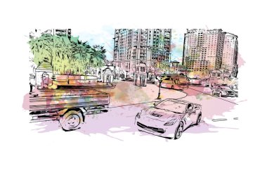 Print Building view with landmark of Doha, Katar 'ın başkenti ve en kalabalık şehridir. Vektör içinde elle çizilmiş çizim eşkali ile suluboya sıçraması.