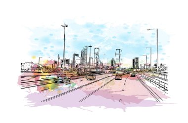 Print Building view with landmark of Doha, Katar 'ın başkenti ve en kalabalık şehridir. Vektör içinde elle çizilmiş çizim eşkali ile suluboya sıçraması.