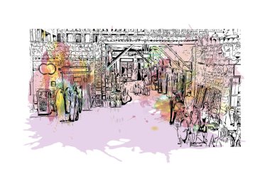 Print Building view with landmark of Doha, Katar 'ın başkenti ve en kalabalık şehridir. Vektör içinde elle çizilmiş çizim eşkali ile suluboya sıçraması.