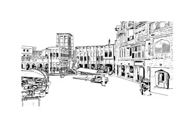 Print Building view with landmark of Doha, Katar 'ın başkenti ve en kalabalık şehridir. Vektörde elle çizilmiş çizim çizimi.