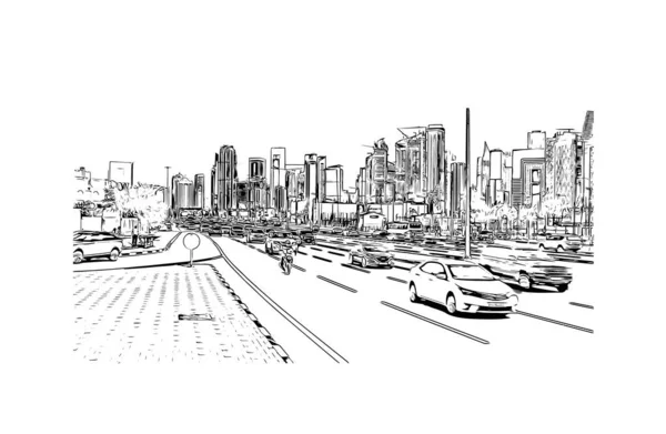 多哈的标志性建筑是卡塔尔的首都 也是人口最多的城市 矢量手绘草图 — 图库矢量图片