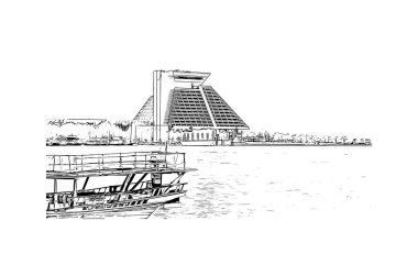 Print Building view with landmark of Doha, Katar 'ın başkenti ve en kalabalık şehridir. Vektörde elle çizilmiş çizim çizimi.