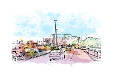 Print Building view with landmark of Doha, Katar 'ın başkenti ve en kalabalık şehridir. Vektör içinde elle çizilmiş çizim eşkali ile suluboya sıçraması.