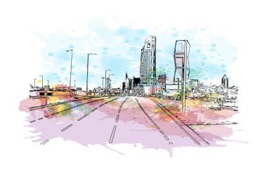 Print Building view with landmark of Doha, Katar 'ın başkenti ve en kalabalık şehridir. Vektör içinde elle çizilmiş çizim eşkali ile suluboya sıçraması.