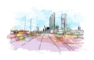 Print Building view with landmark of Doha is the capital and most populous city of Qatar. Watercolour splash with hand drawn sketch illustration in vector. clipart