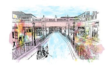 Print Building view with landmark of Doha, Katar 'ın başkenti ve en kalabalık şehridir. Vektör içinde elle çizilmiş çizim eşkali ile suluboya sıçraması.