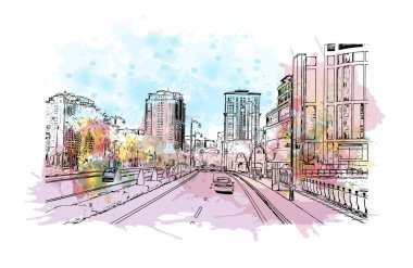 Print Building view with landmark of Doha, Katar 'ın başkenti ve en kalabalık şehridir. Vektör içinde elle çizilmiş çizim eşkali ile suluboya sıçraması.