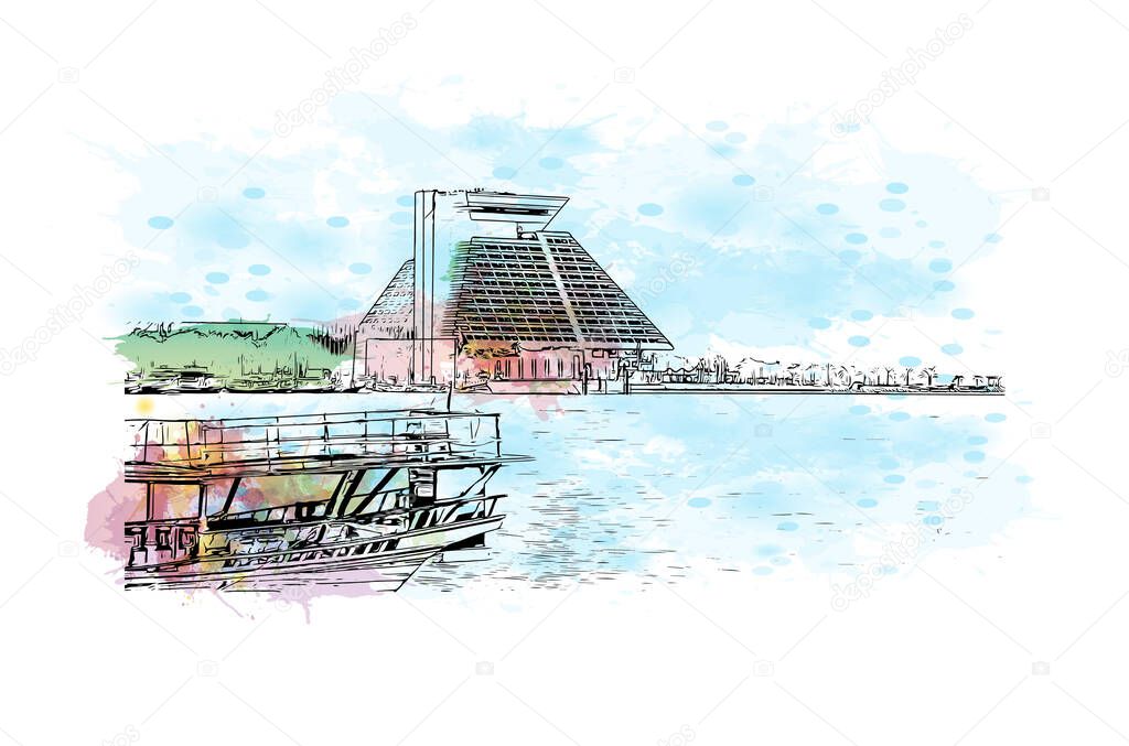 Print Building view with landmark of Doha is the capital and most populous city of Qatar. Watercolour splash with hand drawn sketch illustration in vector.
