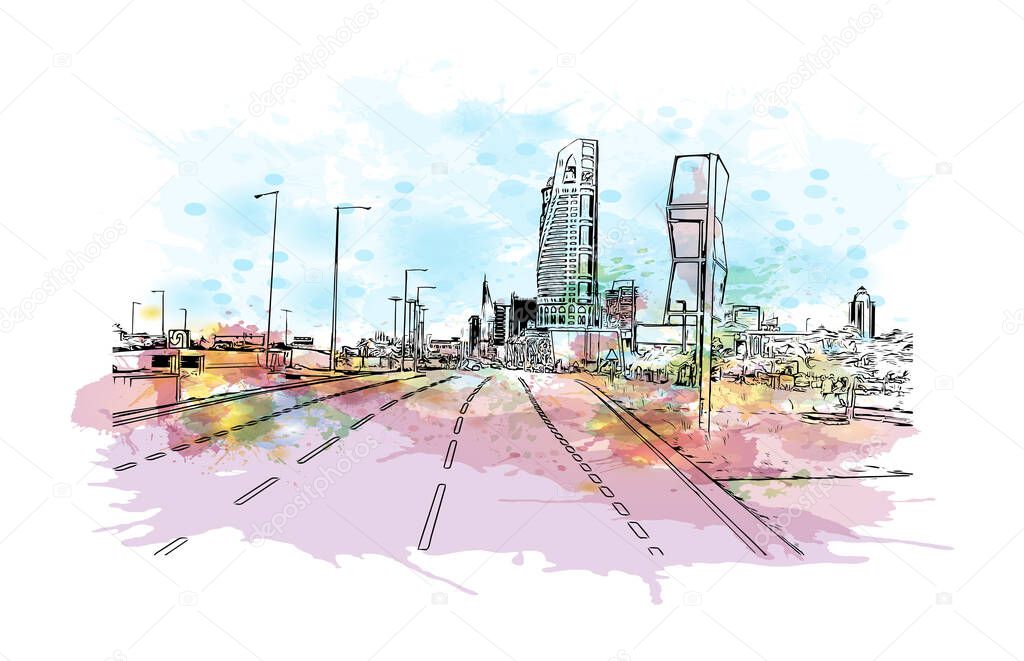 Print Building view with landmark of Doha is the capital and most populous city of Qatar. Watercolour splash with hand drawn sketch illustration in vector.