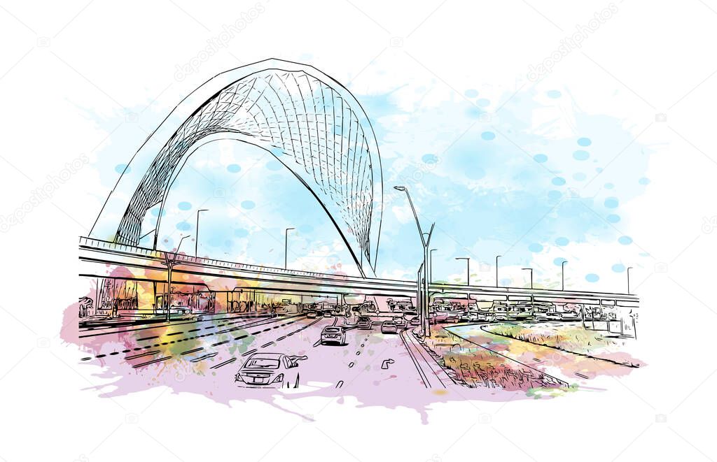 Print Building view with landmark of Doha is the capital and most populous city of Qatar. Watercolour splash with hand drawn sketch illustration in vector.