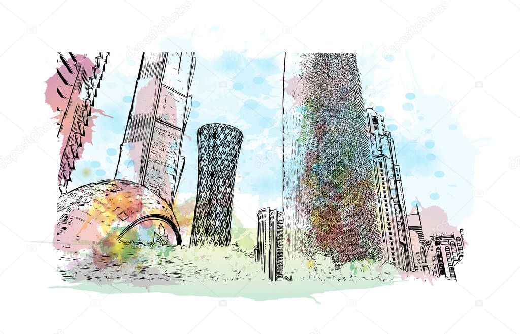 Print Building view with landmark of Doha is the capital and most populous city of Qatar. Watercolour splash with hand drawn sketch illustration in vector.