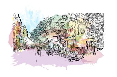 Print Building view with landmark of Dombivli is the city in India. Vektör içinde elle çizilmiş çizim eşkali ile suluboya sıçraması.