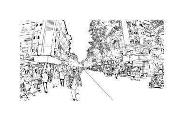 Print Building view with landmark of Dombivli is the city in India. Vektörde elle çizilmiş çizim çizimi.