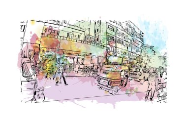 Print Building view with landmark of Dombivli is the city in India. Vektör içinde elle çizilmiş çizim eşkali ile suluboya sıçraması.