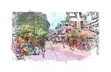 Print Building view with landmark of Dombivli is the city in India. Vektör içinde elle çizilmiş çizim eşkali ile suluboya sıçraması.