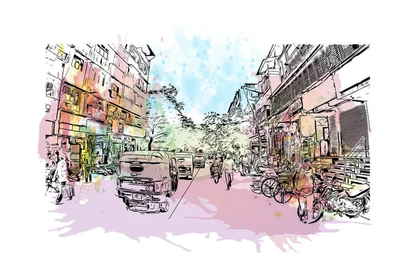 Print Building View Landmark Dombivli Staden Indien Akvarell Stänk Med — Stock vektor
