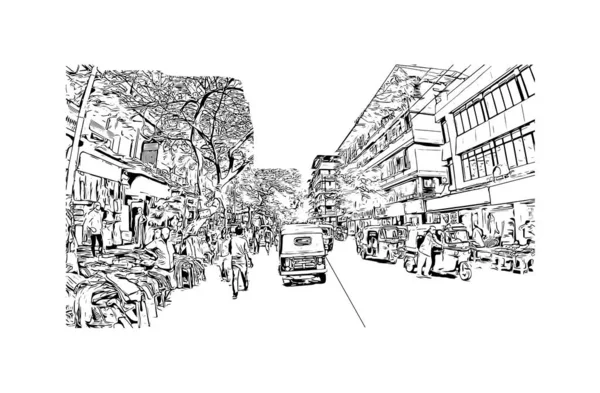 Print Building Vista Com Marco Dombivli Cidade Índia Desenho Desenhado — Vetor de Stock