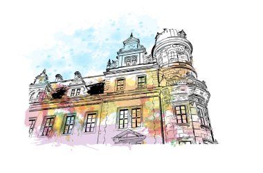 Almanya 'nın başkenti Dresden' in simgesi olan Print Building View 'dir. Vektör içinde elle çizilmiş çizim eşkali ile suluboya sıçraması.
