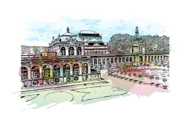 Almanya 'nın başkenti Dresden' in simgesi olan Print Building View 'dir. Vektör içinde elle çizilmiş çizim eşkali ile suluboya sıçraması.