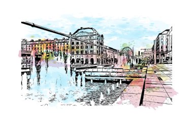 Almanya 'nın başkenti Dresden' in simgesi olan Print Building View 'dir. Vektör içinde elle çizilmiş çizim eşkali ile suluboya sıçraması.