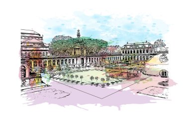 Almanya 'nın başkenti Dresden' in simgesi olan Print Building View 'dir. Vektör içinde elle çizilmiş çizim eşkali ile suluboya sıçraması.