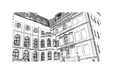 Almanya 'nın başkenti Dresden' in simgesi olan Print Building View 'dir. Vektörde elle çizilmiş çizim çizimi.