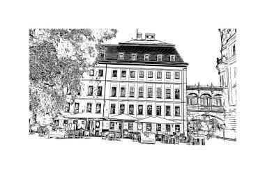 Almanya 'nın başkenti Dresden' in simgesi olan Print Building View 'dir. Vektörde elle çizilmiş çizim çizimi.
