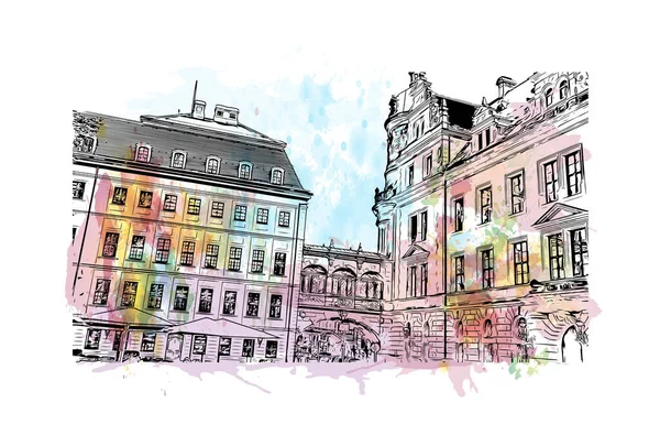 Print Gebouwenzicht Met Bezienswaardigheid Van Dresden Stad Duitsland Aquarelplons Met — Stockvector