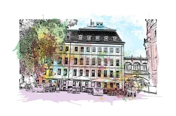 Print Building View Landmark Dresden Staden Tyskland Akvarell Stänk Med — Stock vektor
