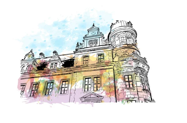 Almanya 'nın başkenti Dresden' in simgesi olan Print Building View 'dir. Vektör içinde elle çizilmiş çizim eşkali ile suluboya sıçraması.