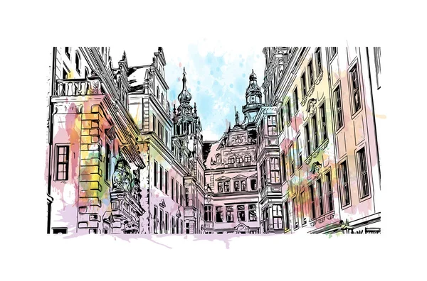 Vytisknout Pohled Budovu Orientačním Bodem Drážďan Město Německu Šplouchnutí Akvarelem — Stockový vektor