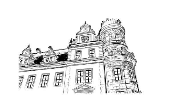 Imprimir Vista Del Edificio Con Hito Dresde Ciudad Alemania Dibujo — Vector de stock