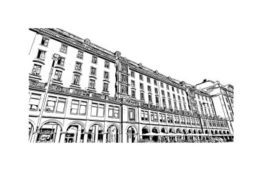 Almanya 'nın başkenti Dresden' in simgesi olan Print Building View 'dir. Vektörde elle çizilmiş çizim çizimi.